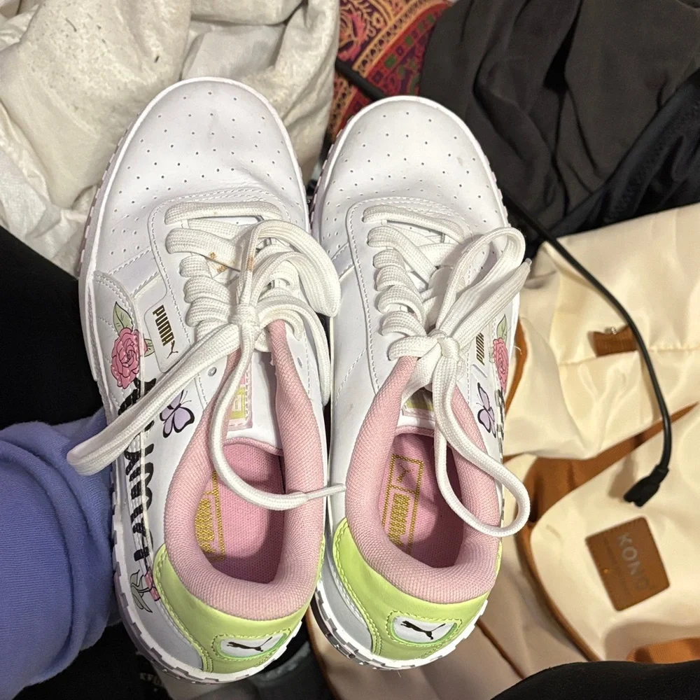 Puma White Sneakers with Pink and Green Floral Accents - Picture 2 of 7